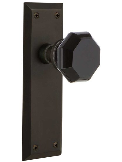 New York Door Set with Colored Waldorf Crystal Glass Knobs Black in Oil-Rubbed Bronze.